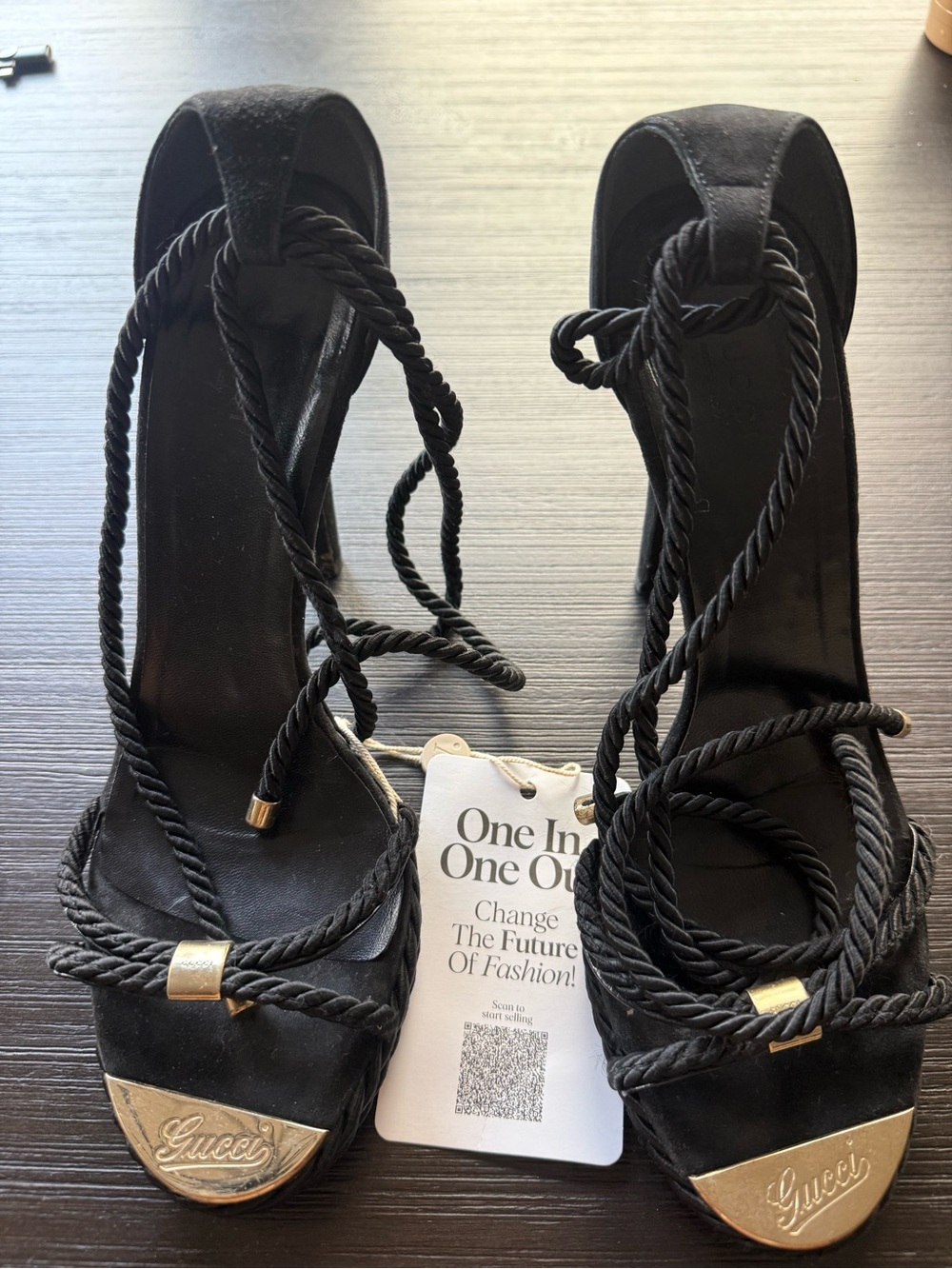 Gucci Black Rope Wrap High Heels with Gold Cap Toe